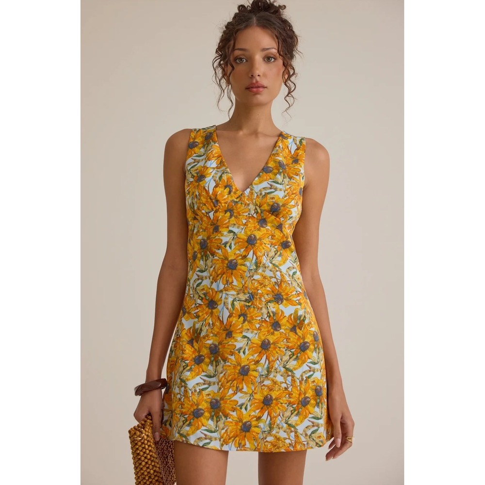 Altar'd State Sunflower Print Mini Dress Yellow Blue Floral V-Neck Size Medium